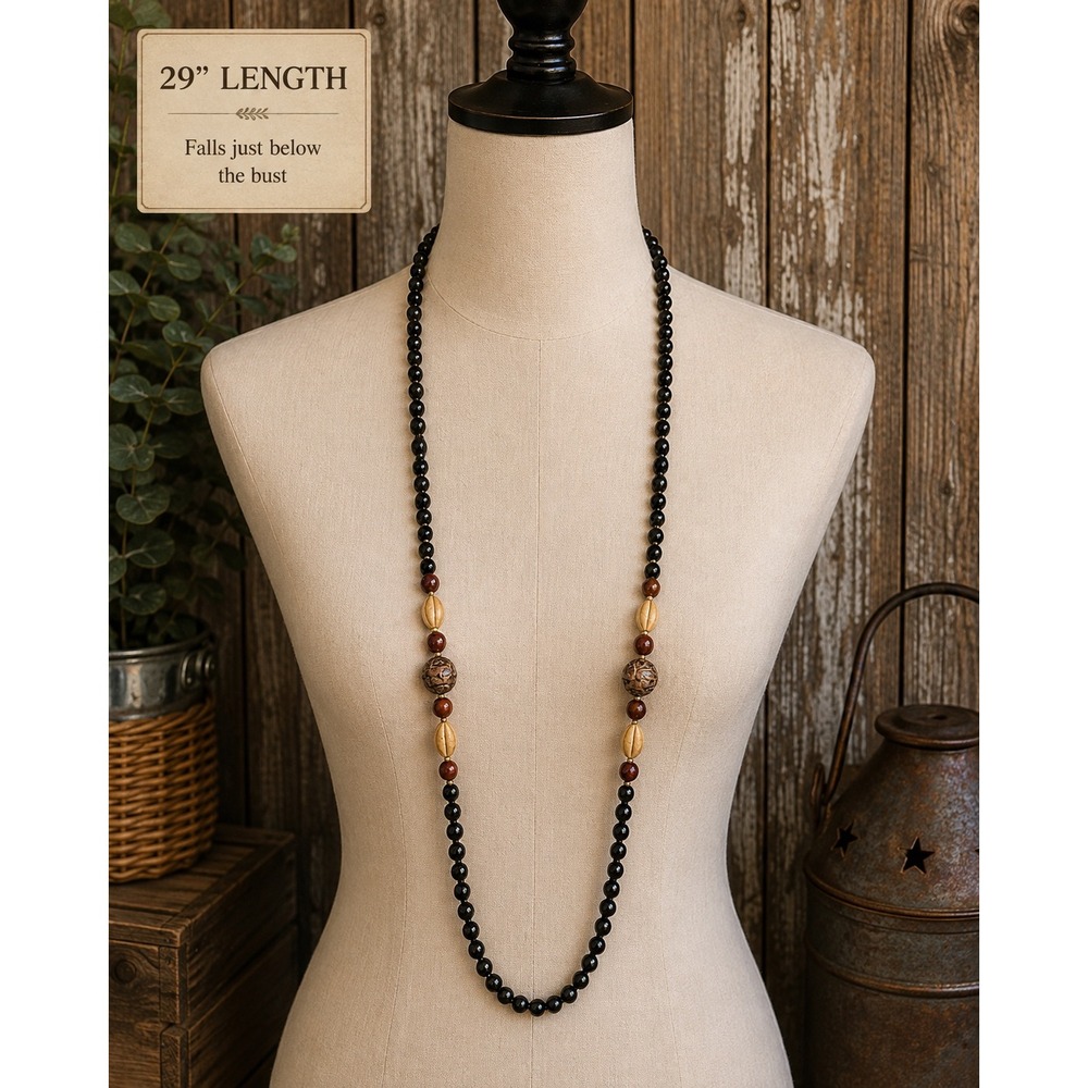 Vintage Artisan Black Bead Necklace Jasper Stone Carved Beads Boho Statement 29"